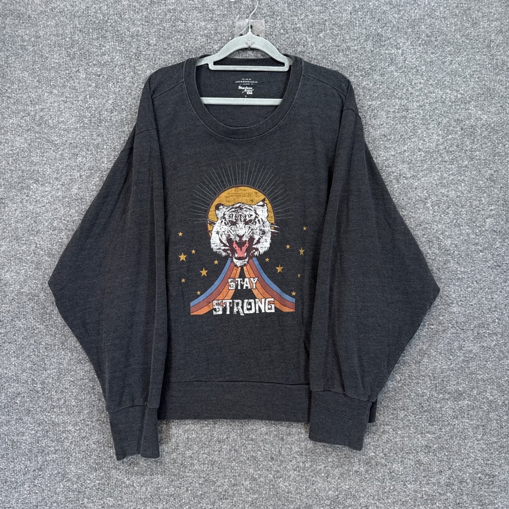 Anthropologie Sweatshirt Womens 1X Gray Tiger Graphic Pullover Top Plus Size